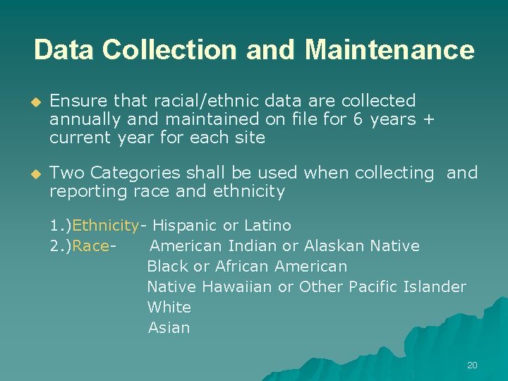 Data Collection and Maintenance u Ensure that racial/ethnic data are collected annually and maintained