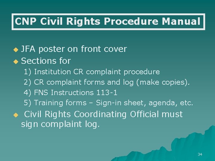 CNP Civil Rights Procedure Manual JFA poster on front cover u Sections for u