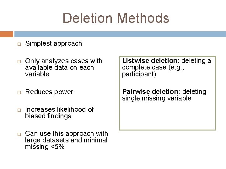 Deletion Methods Simplest approach Only analyzes cases with available data on each variable Listwise