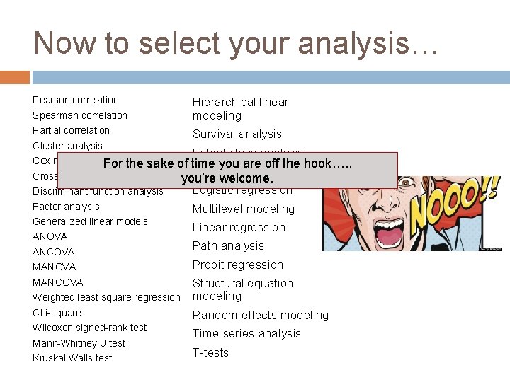 Now to select your analysis… Pearson correlation Spearman correlation Hierarchical linear modeling Partial correlation
