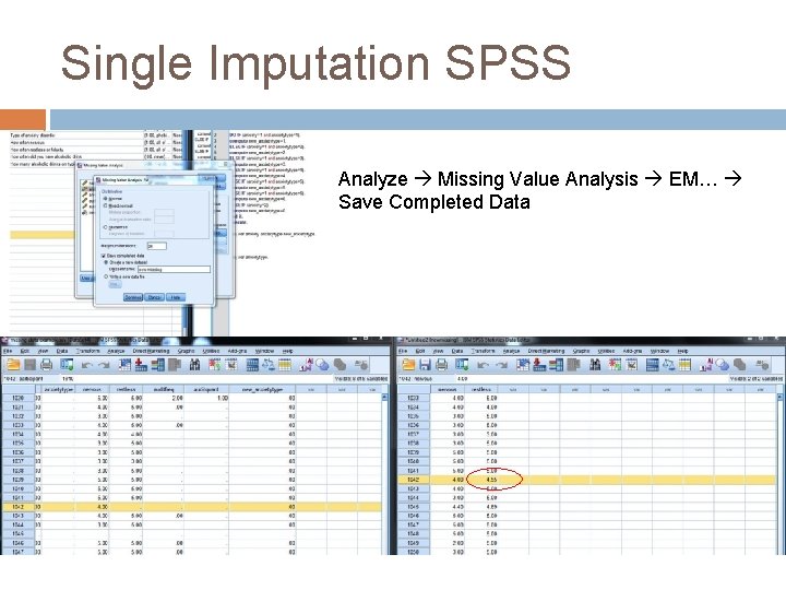 Single Imputation SPSS Analyze Missing Value Analysis EM… Save Completed Data 