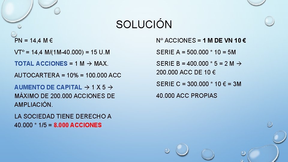 SOLUCIÓN PN = 14, 4 M € Nº ACCIONES = 1 M DE VN