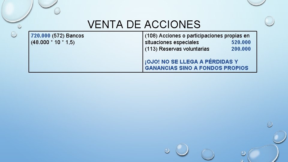 VENTA DE ACCIONES 720. 000 (572) Bancos (48. 000 * 1, 5) (108) Acciones