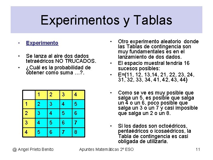 Experimentos y Tablas • Experimento • • Se lanza al aire dos dados tetraédricos