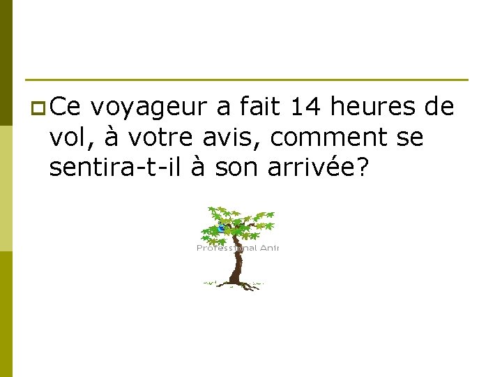 p Ce voyageur a fait 14 heures de vol, à votre avis, comment se