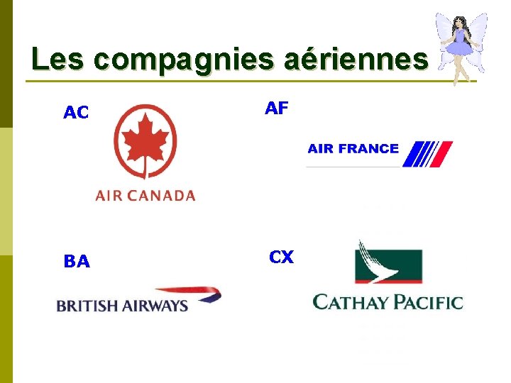 Les compagnies aériennes AC AF BA CX 