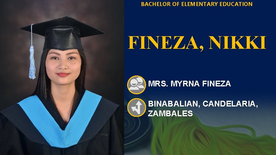 BACHELOR OF ELEMENTARY EDUCATION FINEZA, NIKKI MRS. MYRNA FINEZA BINABALIAN, CANDELARIA, ZAMBALES 