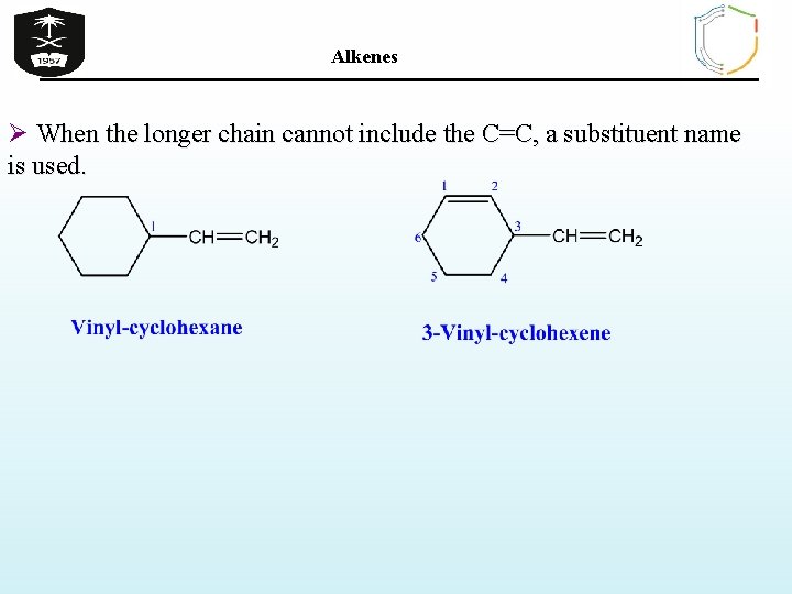 Alkenes Ø When the longer chain cannot include the C=C, a substituent name is