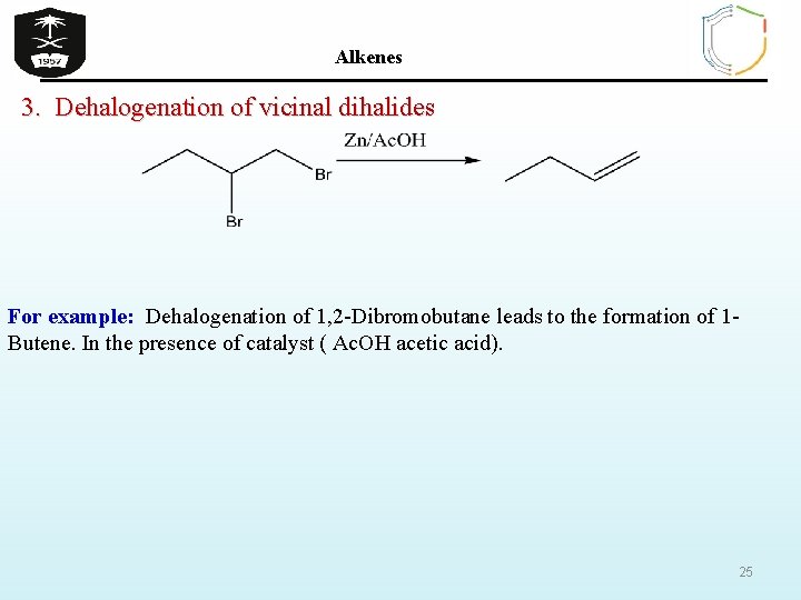 Alkenes 3. Dehalogenation of vicinal dihalides For example: Dehalogenation of 1, 2 -Dibromobutane leads