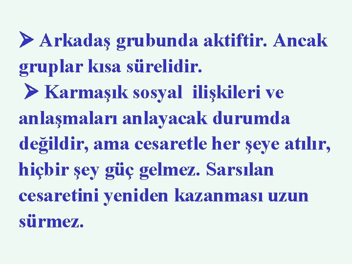  Arkadaş grubunda aktiftir. Ancak gruplar kısa sürelidir. Karmaşık sosyal ilişkileri ve anlaşmaları anlayacak