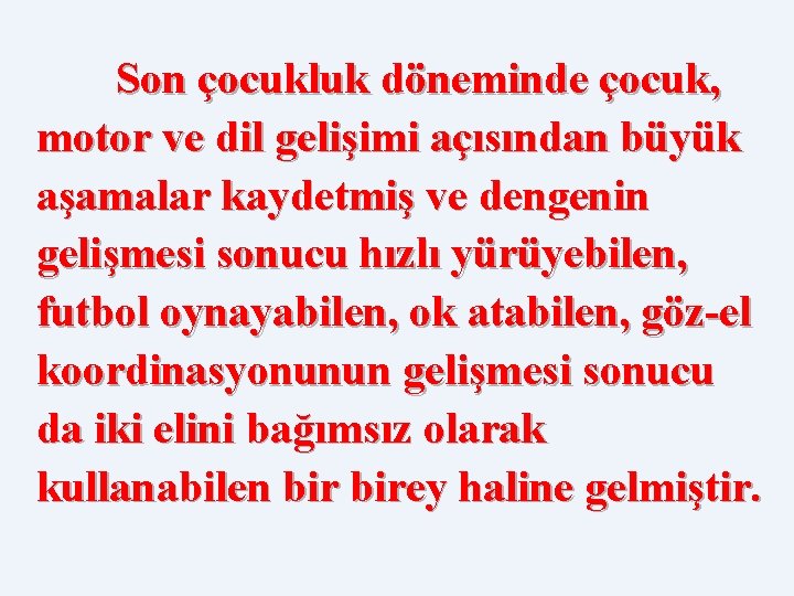 Son çocukluk döneminde çocuk, motor ve dil gelişimi açısından büyük aşamalar kaydetmiş ve dengenin