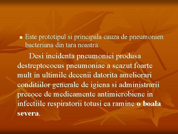 n Este prototipul si principala cauza de pneumonien bacteriana din tara noastra. Desi incidenta