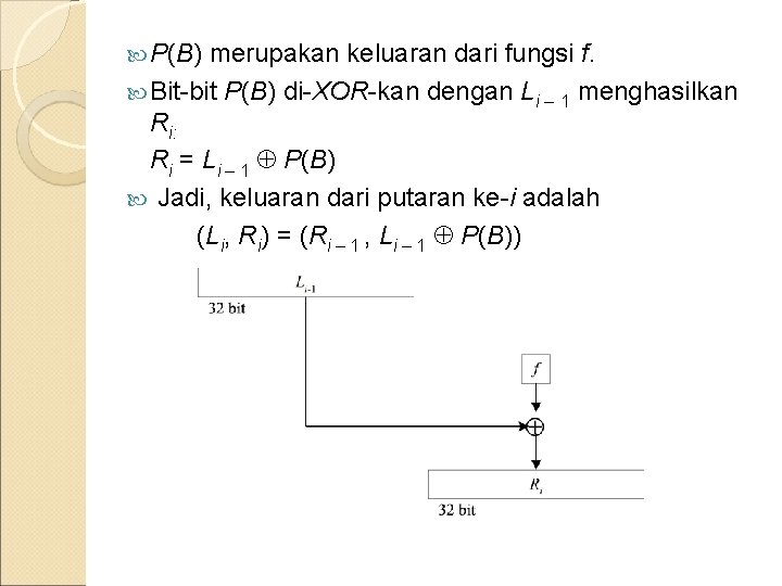  P(B) merupakan keluaran dari fungsi f. Bit-bit P(B) di-XOR-kan dengan Li – 1