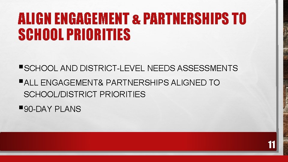 ALIGN ENGAGEMENT & PARTNERSHIPS TO SCHOOL PRIORITIES §SCHOOL AND DISTRICT-LEVEL NEEDS ASSESSMENTS §ALL ENGAGEMENT&