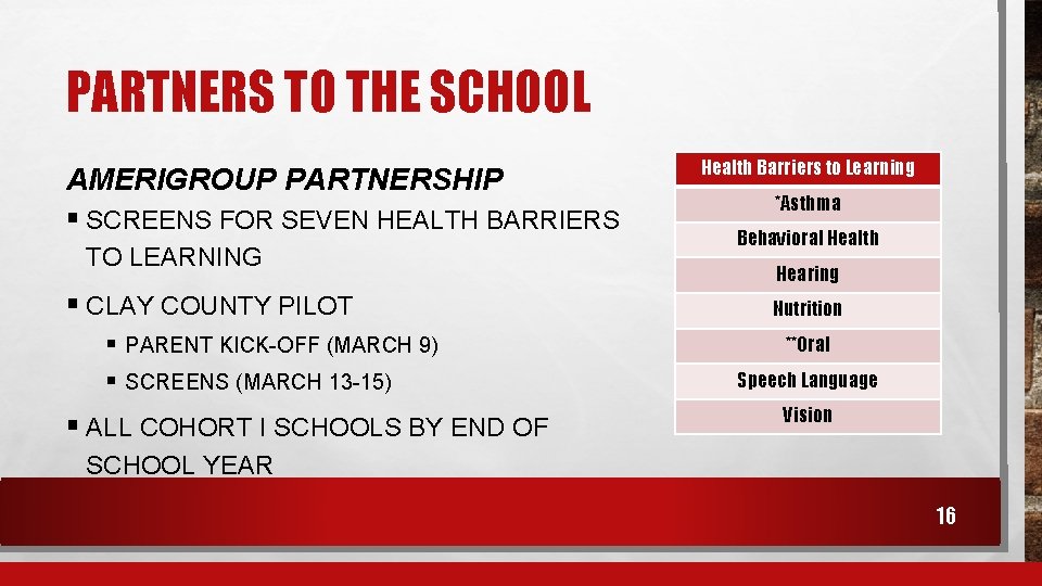 PARTNERS TO THE SCHOOL AMERIGROUP PARTNERSHIP § SCREENS FOR SEVEN HEALTH BARRIERS TO LEARNING