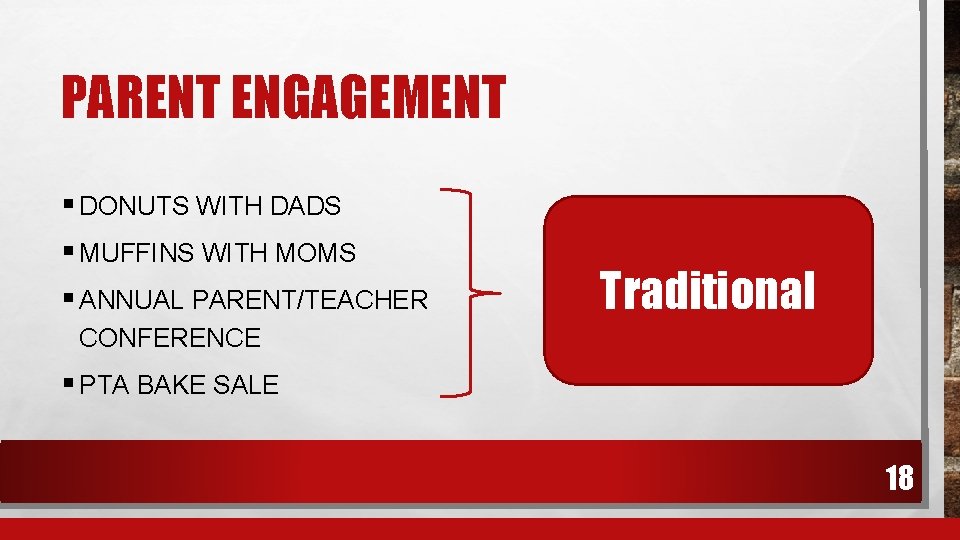 PARENT ENGAGEMENT § DONUTS WITH DADS § MUFFINS WITH MOMS § ANNUAL PARENT/TEACHER Traditional