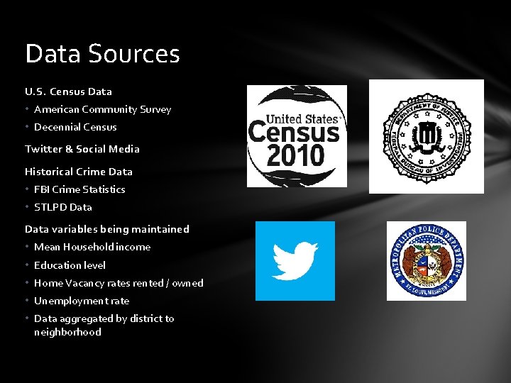 Data Sources U. S. Census Data • American Community Survey • Decennial Census Twitter