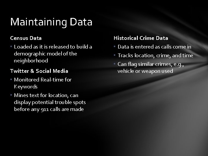 Maintaining Data Census Data Historical Crime Data • Loaded as it is released to