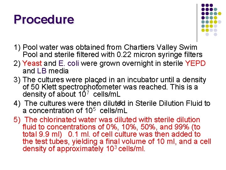 Procedure 1) Pool water was obtained from Chartiers Valley Swim Pool and sterile filtered