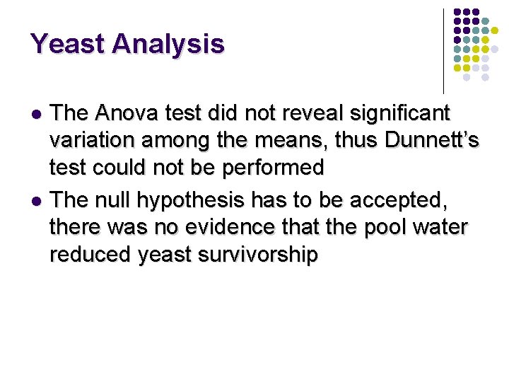 Yeast Analysis The Anova test did not reveal significant variation among the means, thus