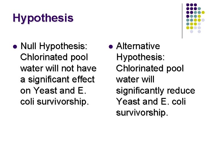 Hypothesis l Null Hypothesis: Chlorinated pool water will not have a significant effect on