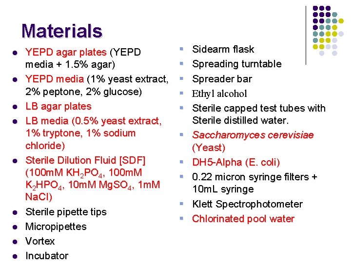 Materials l l l l l YEPD agar plates (YEPD media + 1. 5%