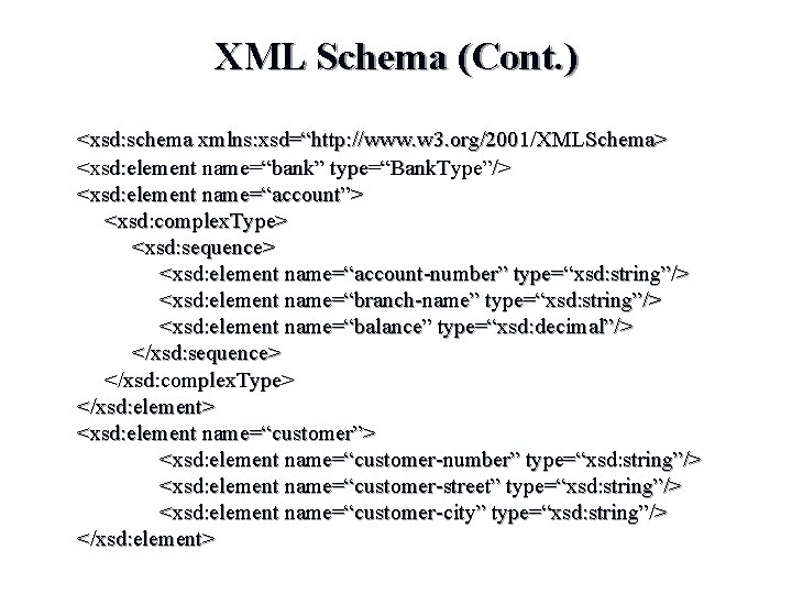 XML Schema (Cont. ) <xsd: schema xmlns: xsd=“http: //www. w 3. org/2001/XMLSchema> <xsd: element XML Schema (Cont. ) <xsd: schema xmlns: xsd=“http: //www. w 3. org/2001/XMLSchema> <xsd: element