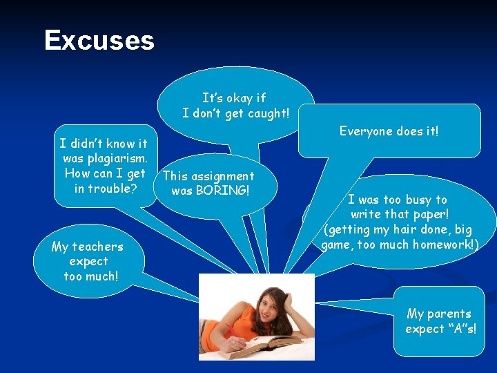 Excuses It’s okay if I don’t get caught! I didn’t know it was plagiarism.