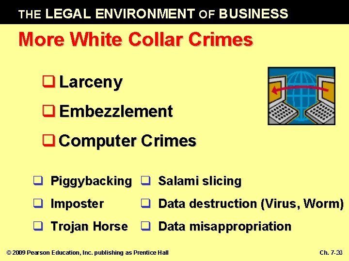 THE LEGAL ENVIRONMENT OF BUSINESS More White Collar Crimes q Larceny q Embezzlement q