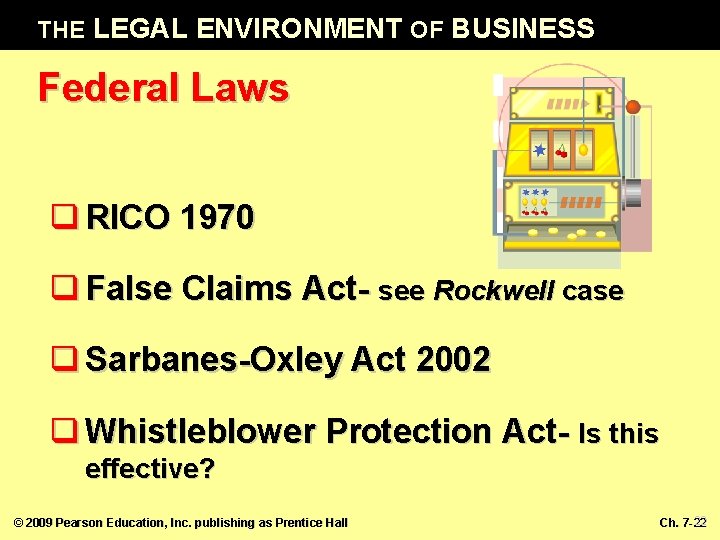 THE LEGAL ENVIRONMENT OF BUSINESS Federal Laws q RICO 1970 q False Claims Act-