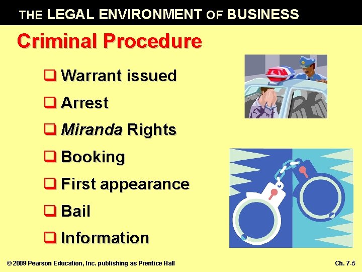 THE LEGAL ENVIRONMENT OF BUSINESS Criminal Procedure q Warrant issued q Arrest q Miranda