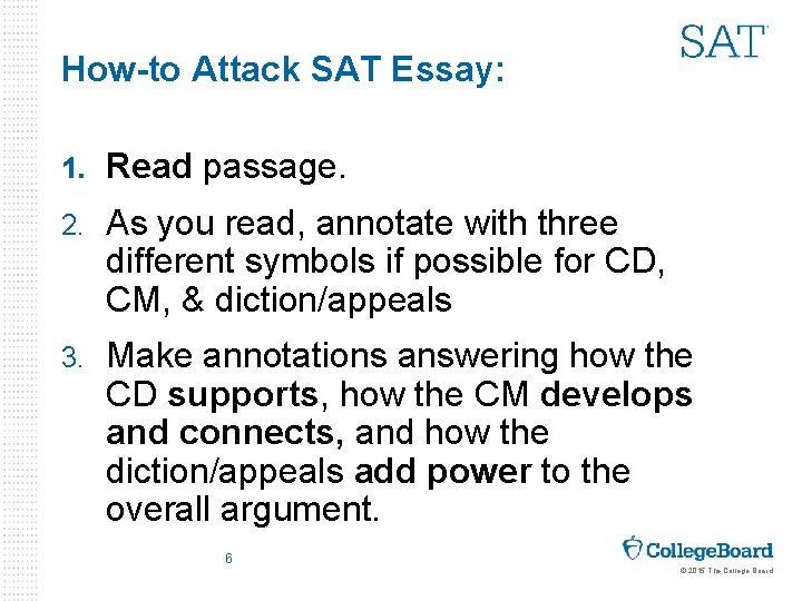 How-to Attack SAT Essay: 1. Read passage. 2. As you read, annotate with three