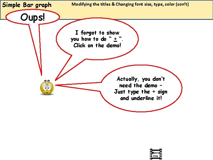 Simple Bar graph Modifying the titles & Changing font size, type, color (con’t) Oups!