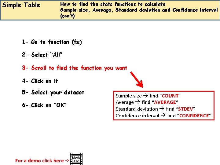 Simple Table How to find the stats functions to calculate Sample size, Average, Standard