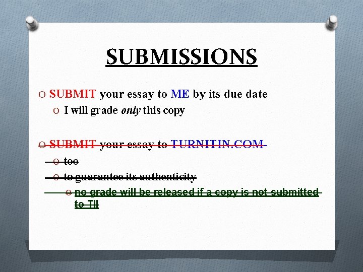SUBMISSIONS O SUBMIT your essay to ME by its due date O I will