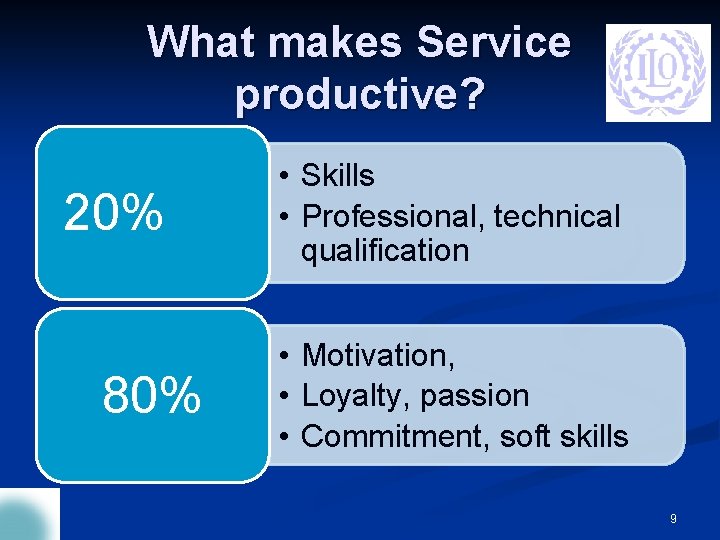 What makes Service productive? 20% 80% • Skills • Professional, technical qualification • Motivation,