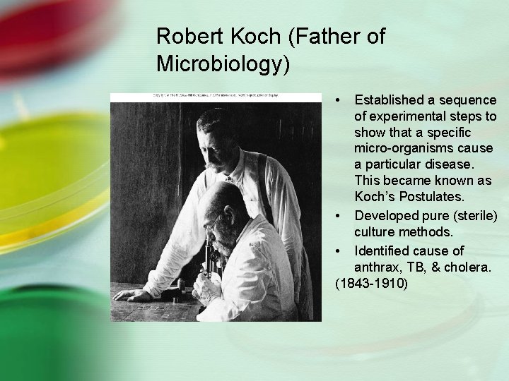 Robert Koch (Father of Microbiology) • Established a sequence of experimental steps to show