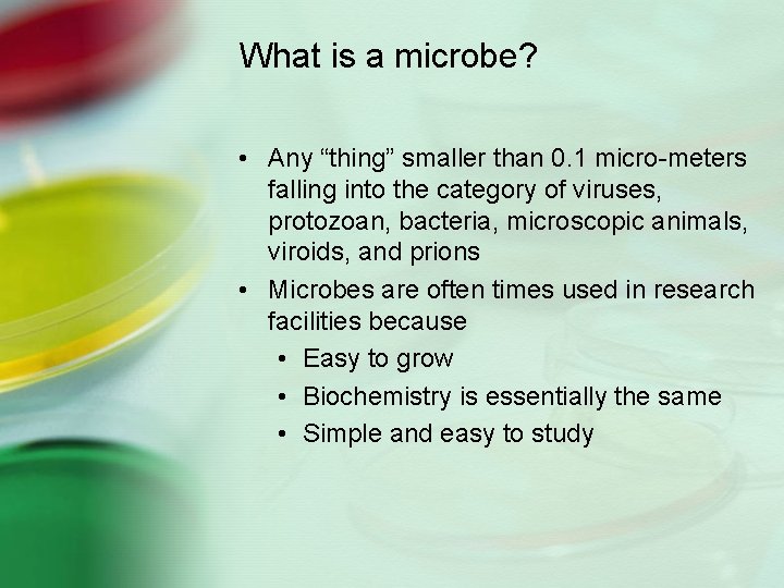 What is a microbe? • Any “thing” smaller than 0. 1 micro-meters falling into