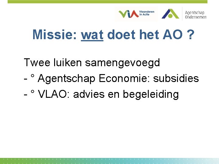 Missie: wat doet het AO ? Twee luiken samengevoegd - ° Agentschap Economie: subsidies