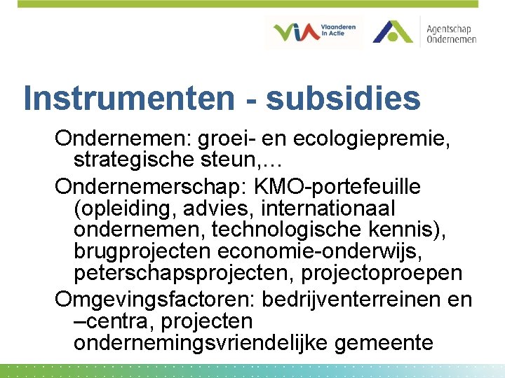 Instrumenten - subsidies Ondernemen: groei- en ecologiepremie, strategische steun, … Ondernemerschap: KMO-portefeuille (opleiding, advies,