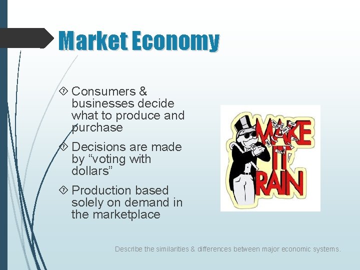 Market Economy Consumers & businesses decide what to produce and purchase Decisions are made