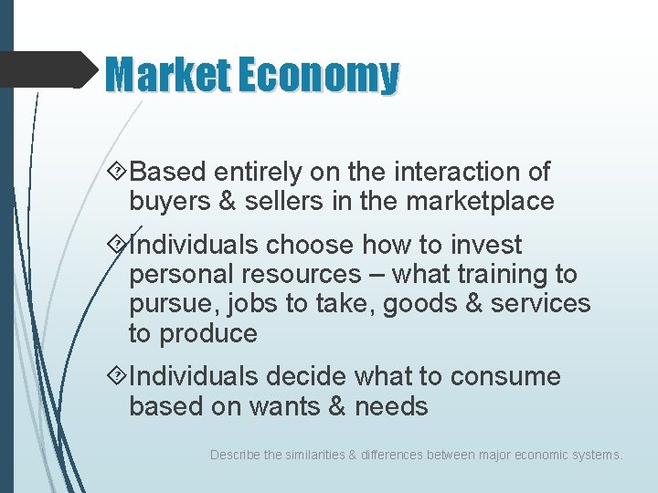 Market Economy Based entirely on the interaction of buyers & sellers in the marketplace