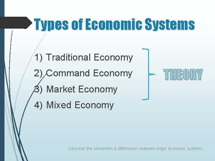 Types of Economic Systems 1) Traditional Economy 2) Command Economy THEORY 3) Market Economy