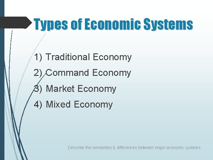 Types of Economic Systems 1) Traditional Economy 2) Command Economy 3) Market Economy 4)