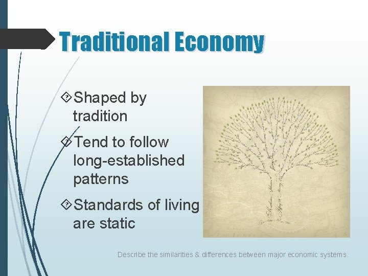 Traditional Economy Shaped by tradition Tend to follow long-established patterns Standards of living are