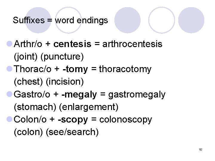 Suffixes = word endings l Arthr/o + centesis = arthrocentesis (joint) (puncture) l Thorac/o