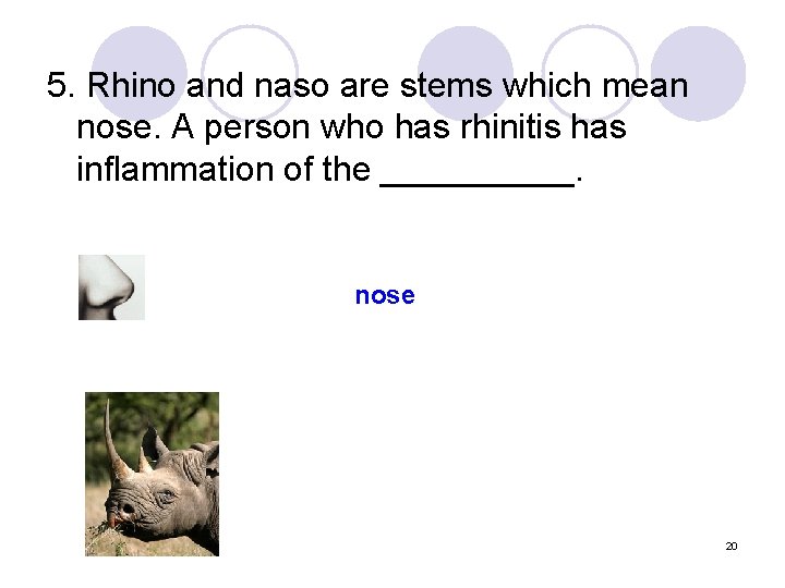 5. Rhino and naso are stems which mean nose. A person who has rhinitis