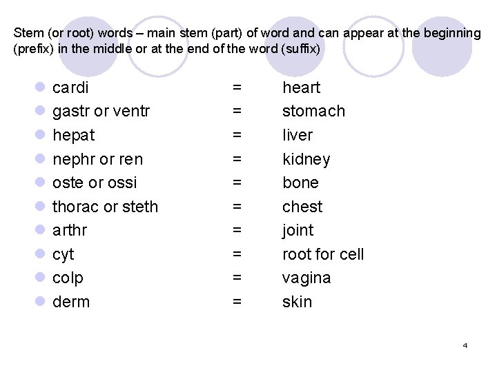 Stem (or root) words – main stem (part) of word and can appear at