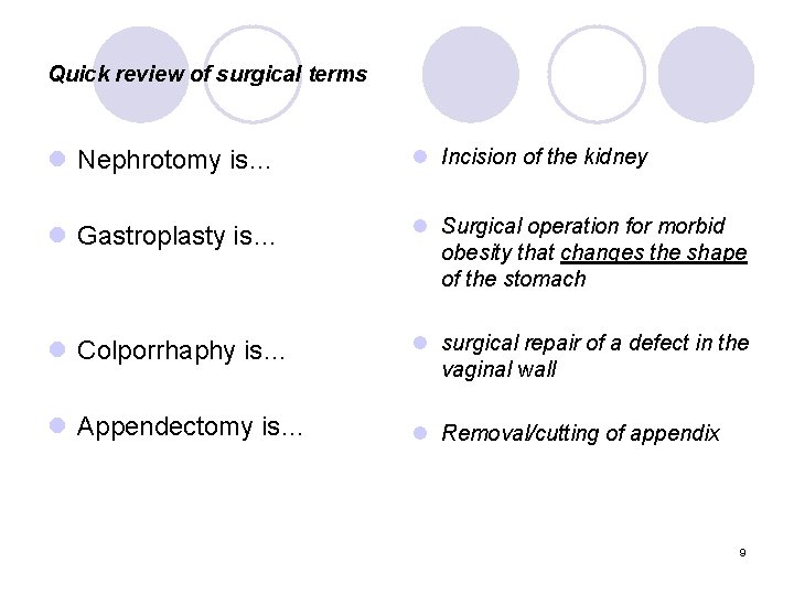 Quick review of surgical terms l Nephrotomy is… l Incision of the kidney l