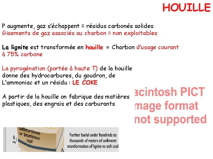 HOUILLE P augmente, gaz s’échappent = résidus carbonés solides Gisements de gaz associés au